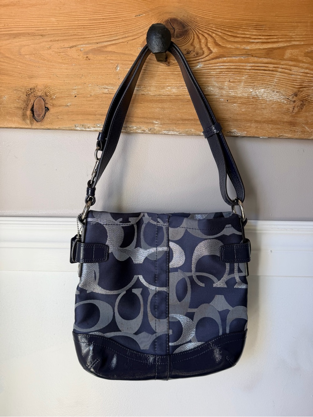 Coach Moto Optic Metallic Chain Duffle Shoulder Bag Navy Silver OS